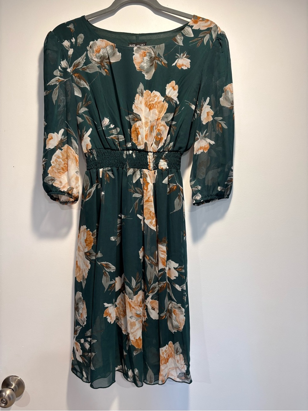 Dark Green Floral Midi Dress with Elastic Waist